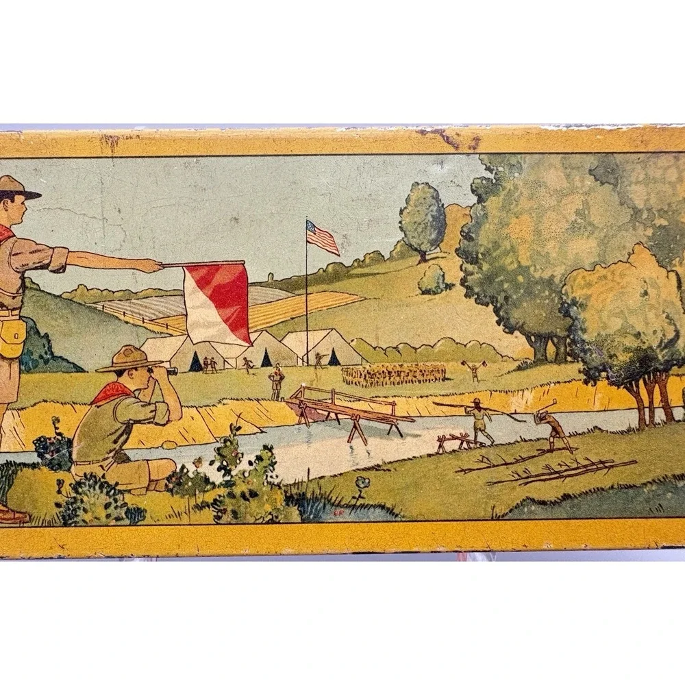 Vintage tin litho box Wallace Pencil Co Boy Scouts signal flags yellow 1920's